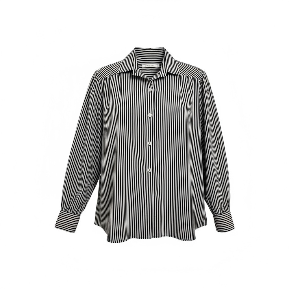 Vintage Adolph Schuman Womens L Black White Pinstripe Button Up Satin Blouse Top